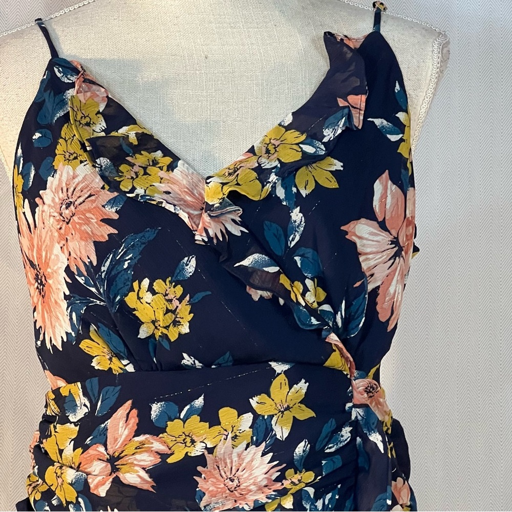 Lulus MIDI Floral Dress Blue Ruched Waist Flounce Skirt Slit Spaghetti Straps L - Picture 4 of 16